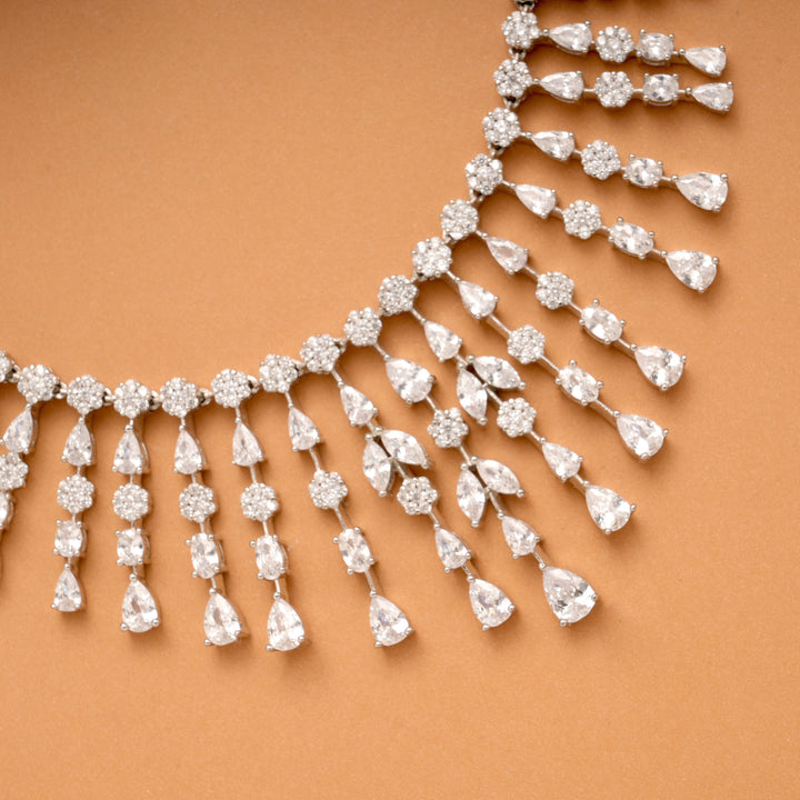 Grand Stone Layer Drops Bridal Silver Necklace