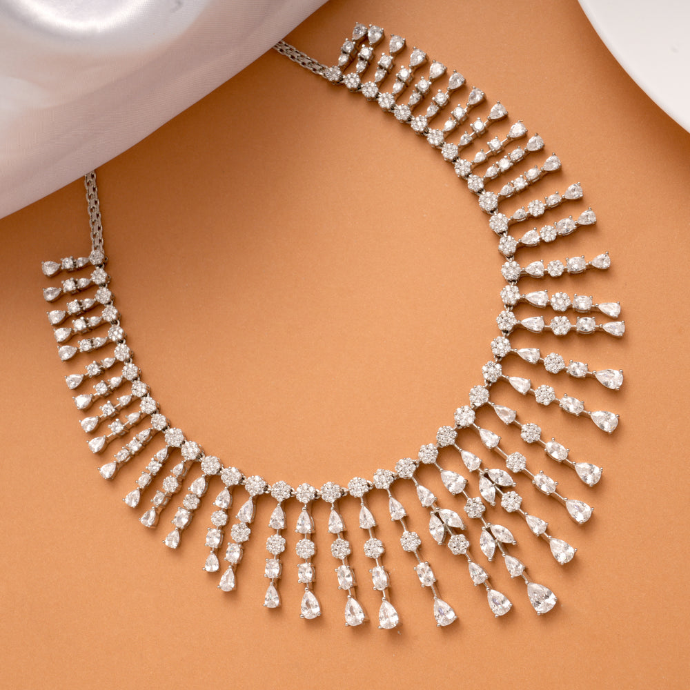 Grand Stone Layer Drops Bridal Silver Necklace