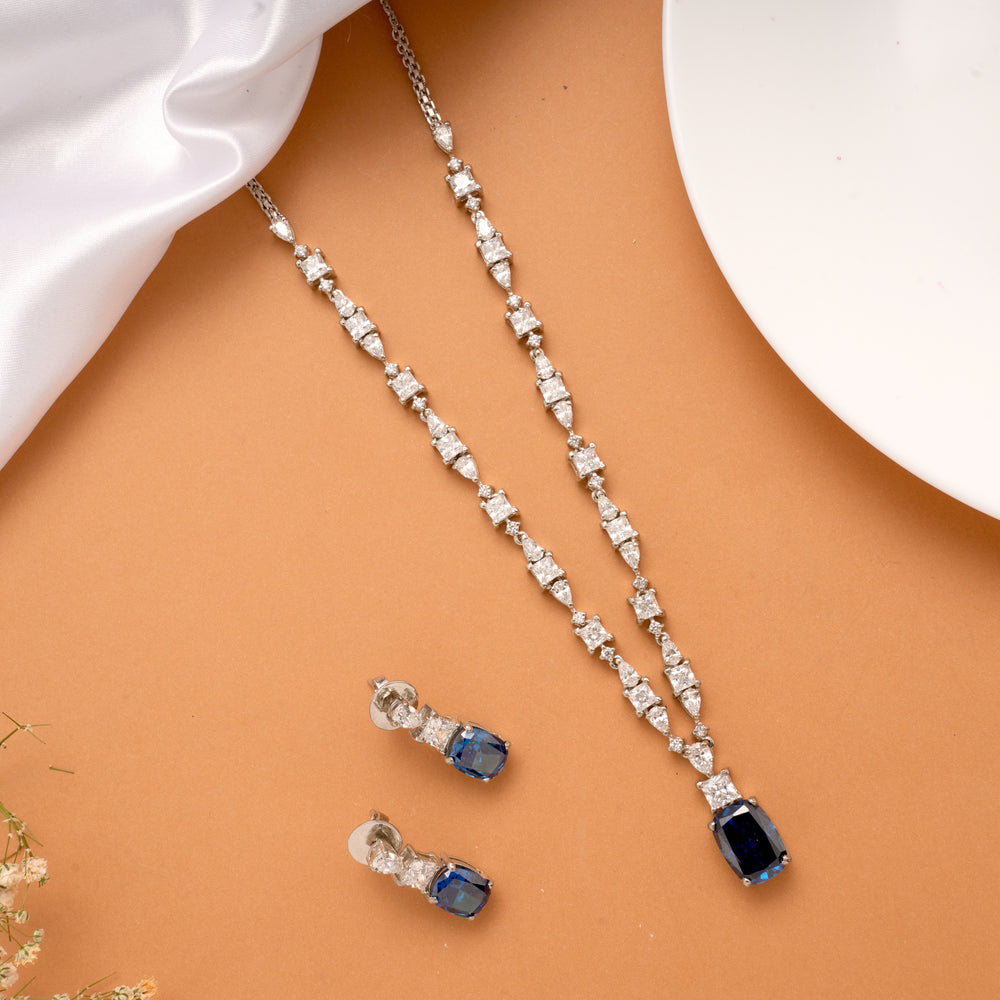 Shining Blue Stone Drops Silver Necklace Set