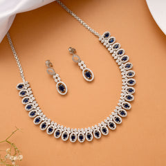 Vibrant Oval Blue Stone Drops Silver Necklace Set