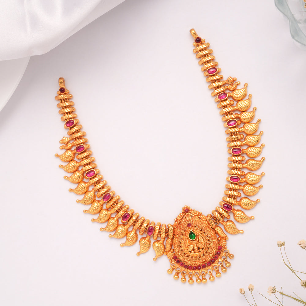 Bold Mango Design Golden Beads Pendant Necklace
