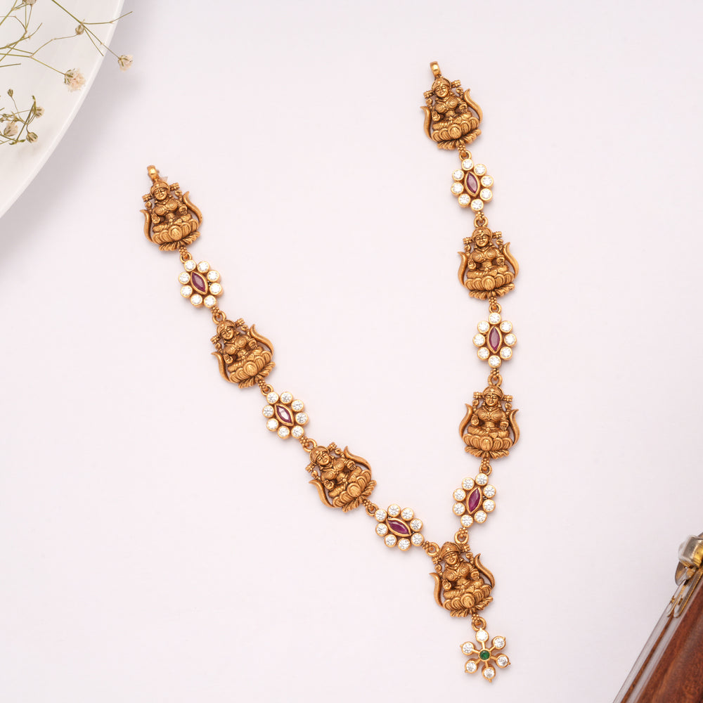 Lotus Lakshmi With Teardrops Stone Golden Necklace