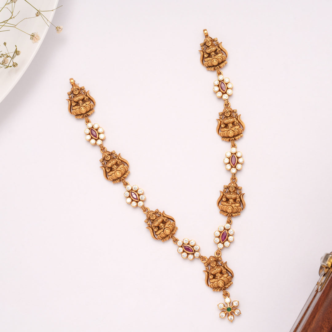 Lotus Lakshmi With Teardrops Stone Golden Necklace