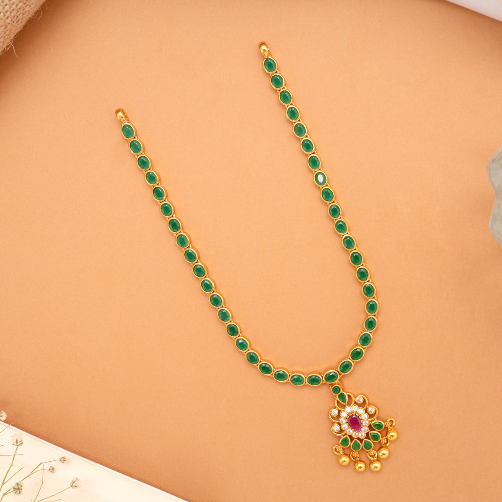 Elegant Single Layer Green Stone Golden Necklace