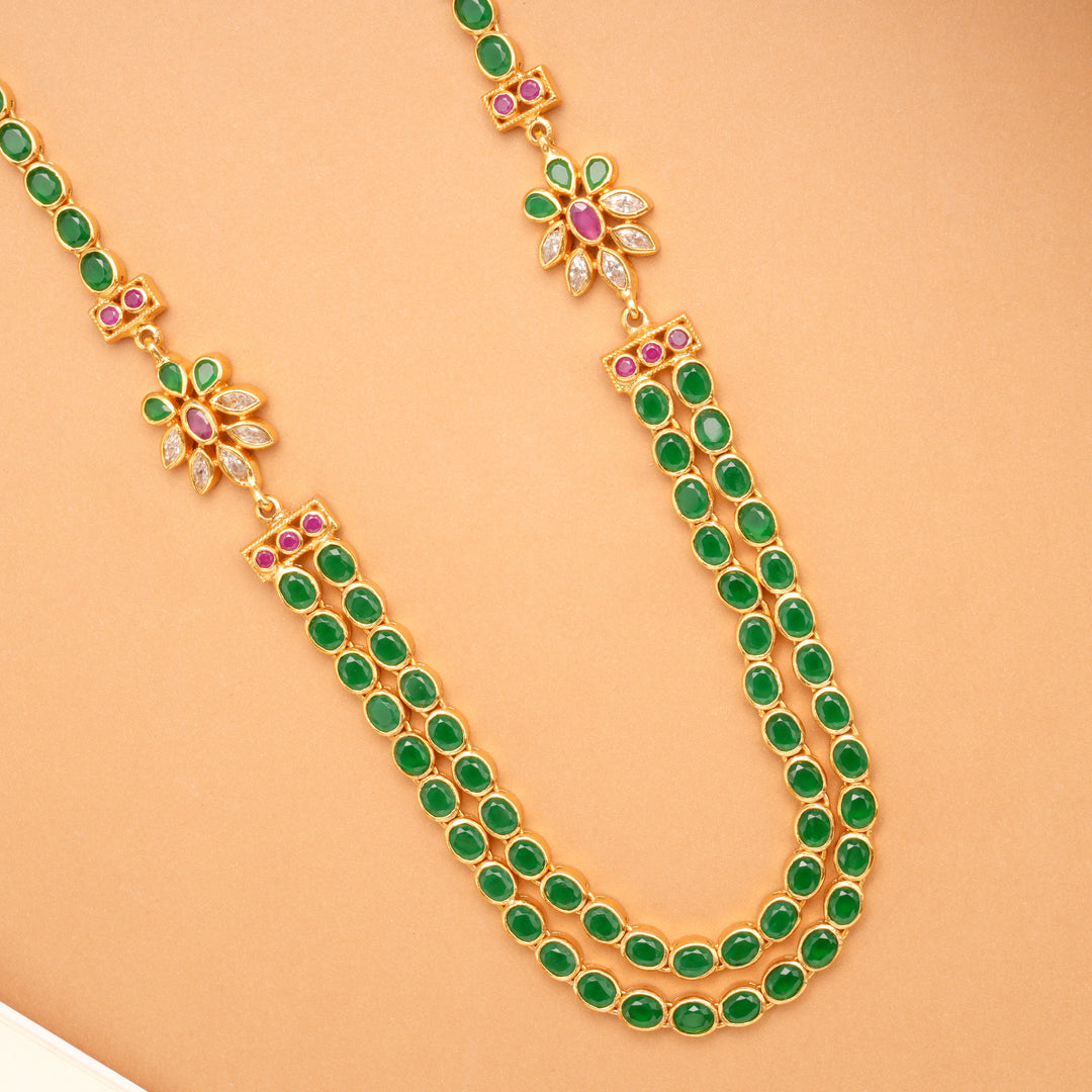 Classic Layered Emerald Green Long Golden Necklace