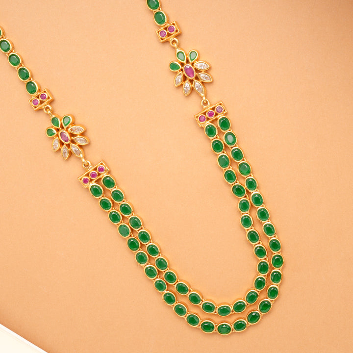 Classic Layered Emerald Green Long Golden Necklace