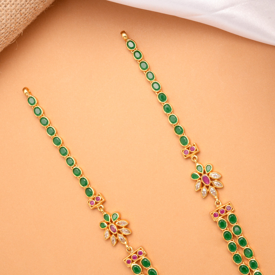 Classic Layered Emerald Green Long Golden Necklace