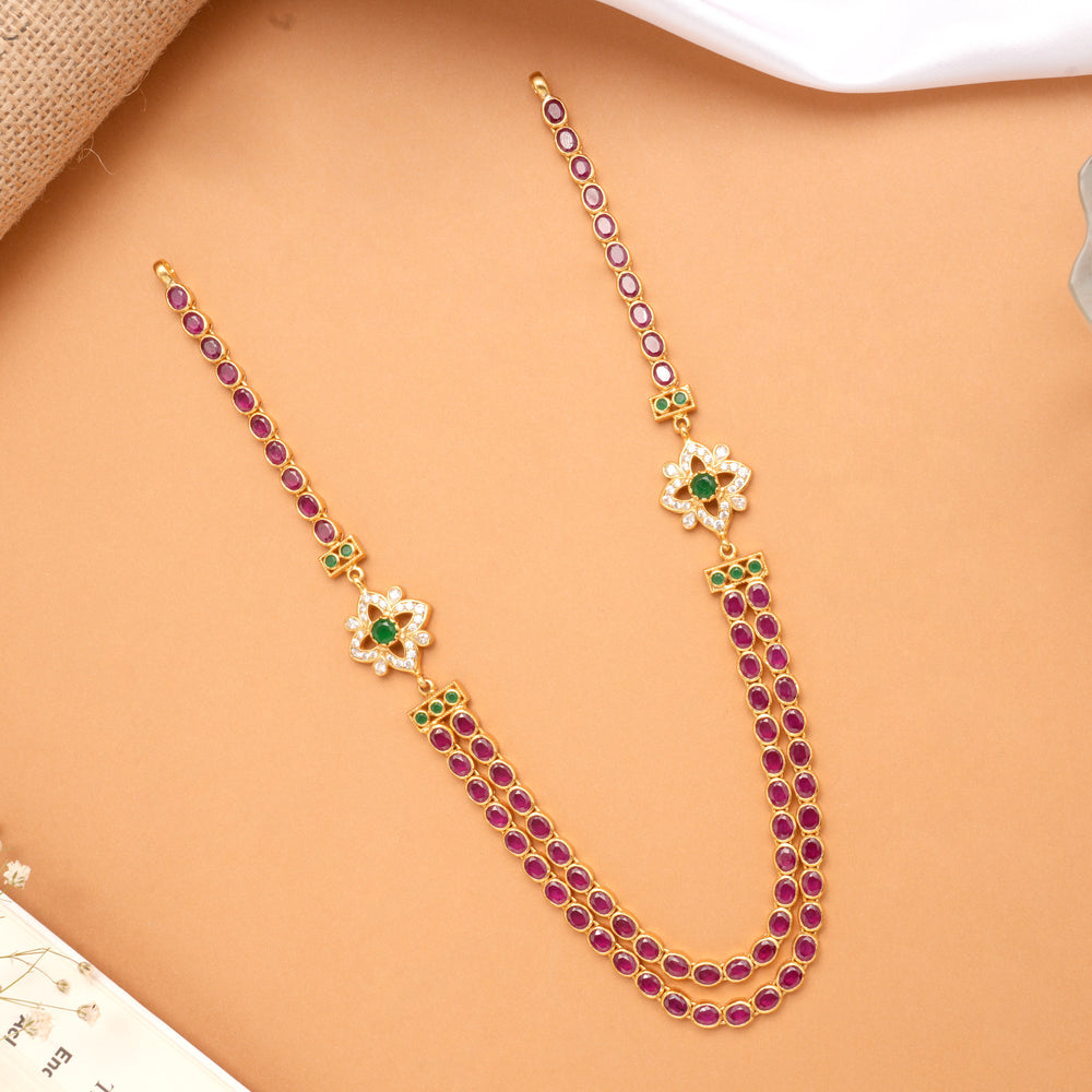 South Indian Ruby Emerald Layered Golden Necklace