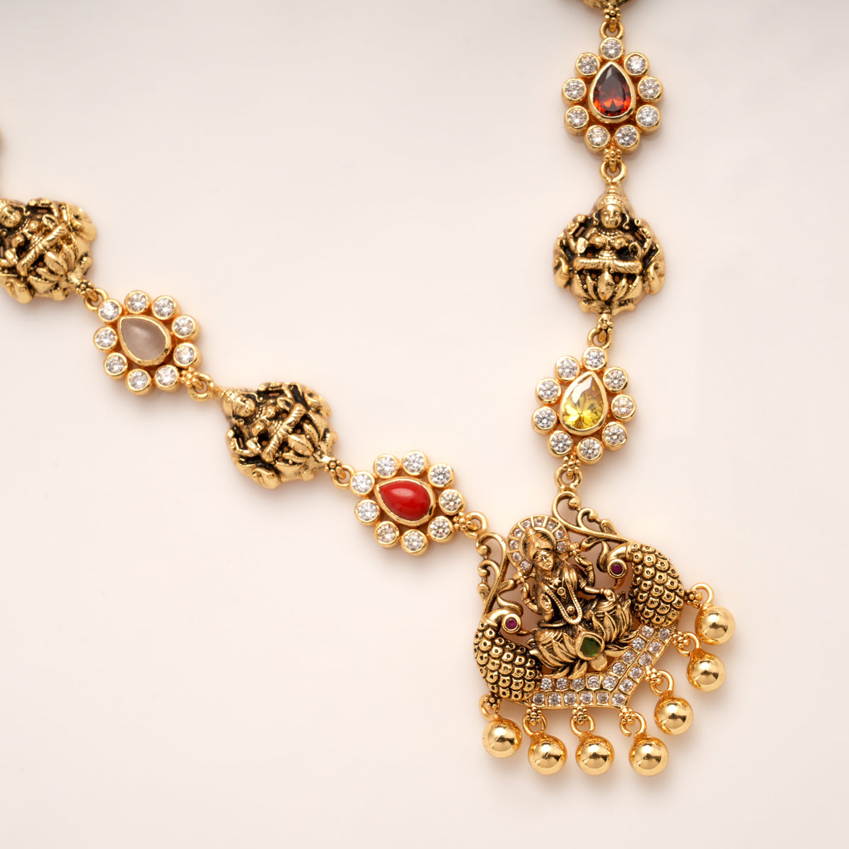 Antique Navarathana Stone Lakshmi Golden Necklace