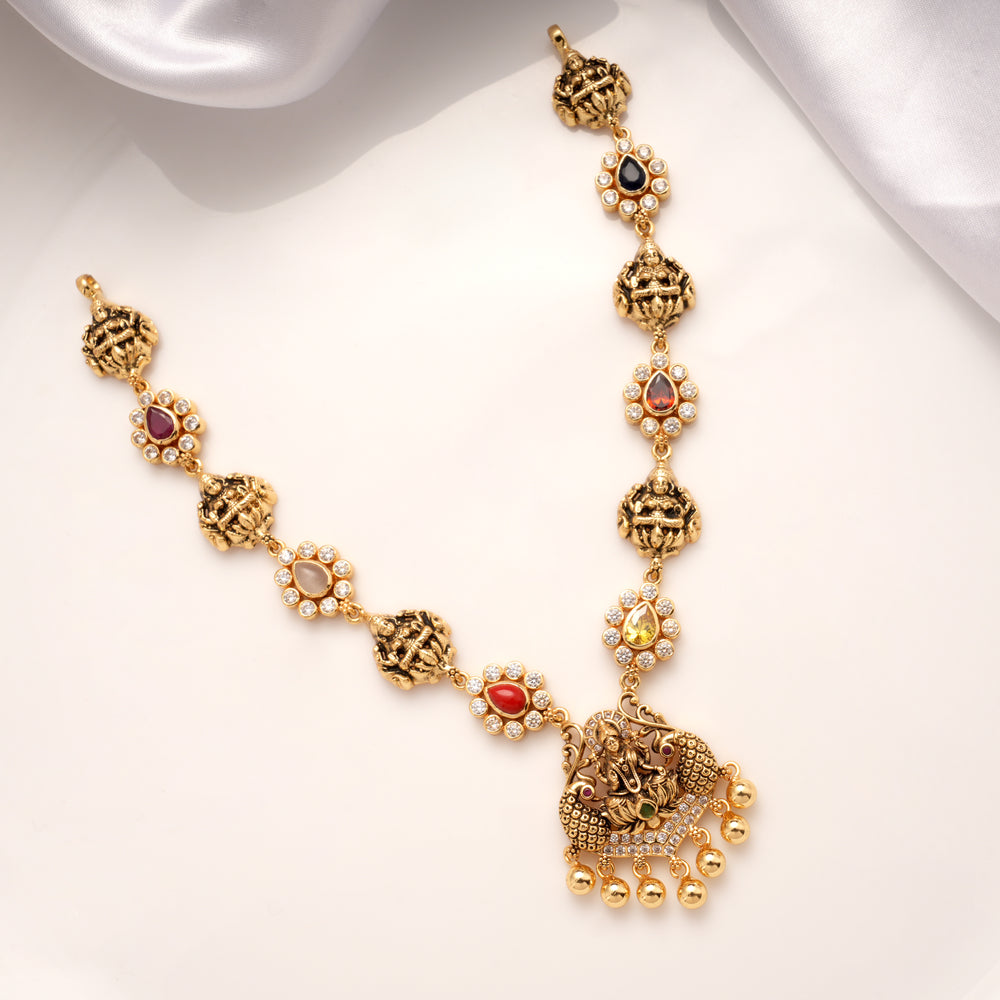 Antique Navarathana Stone Lakshmi Golden Necklace