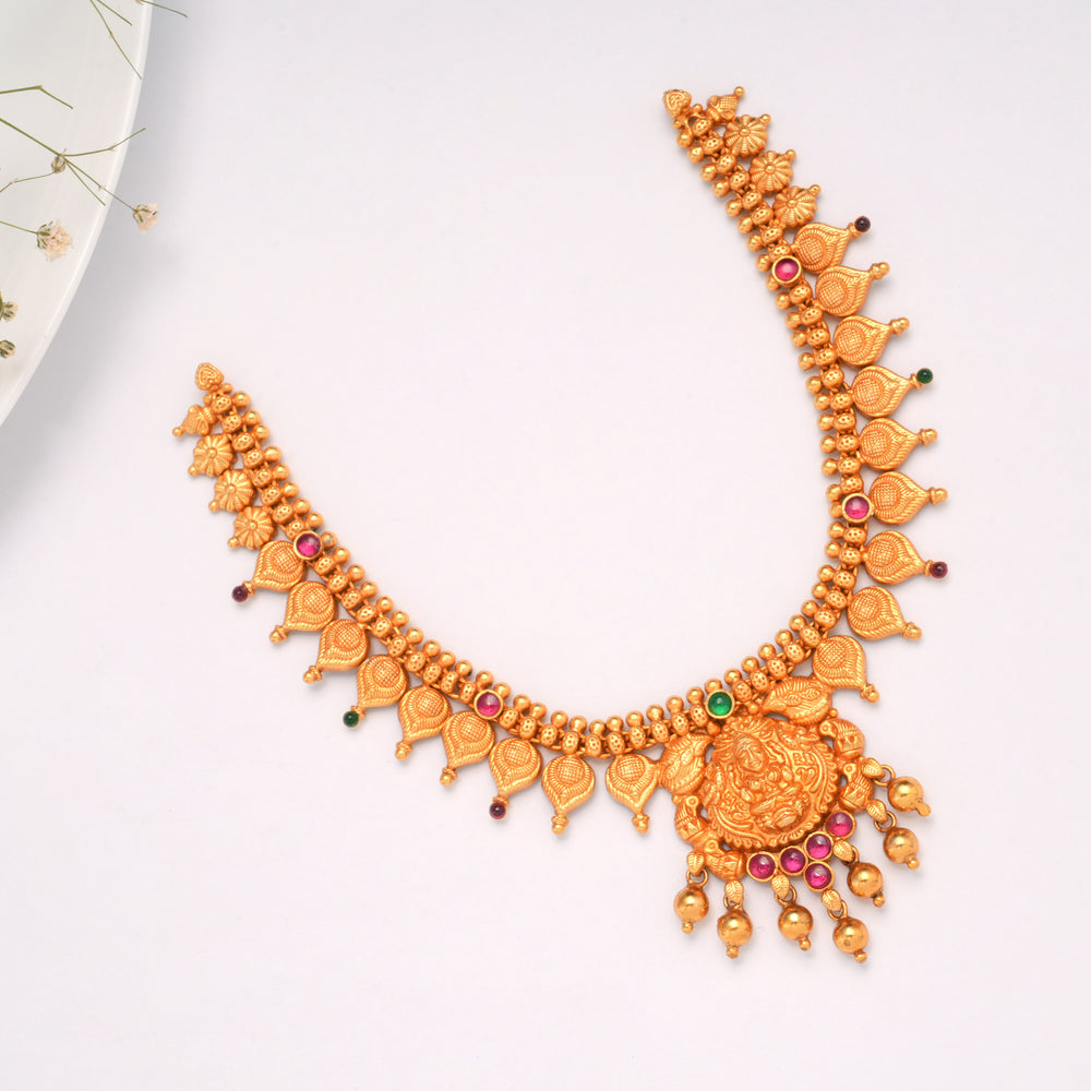 Traditional Leaf Pattern Lakshmi Pendant Golden Necklace