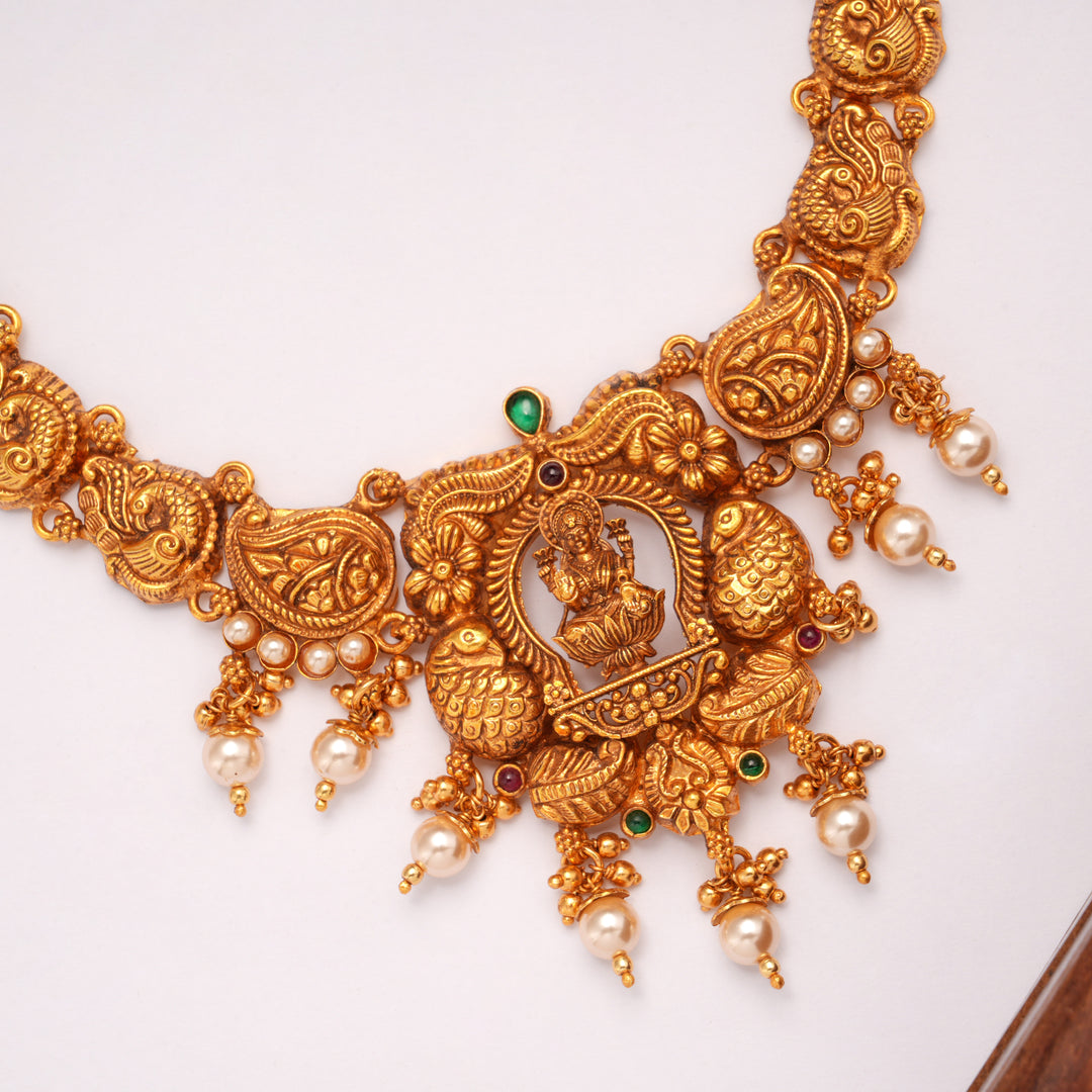 Temple Inspired Lakshmi with Pearl Drops Golden Necklace