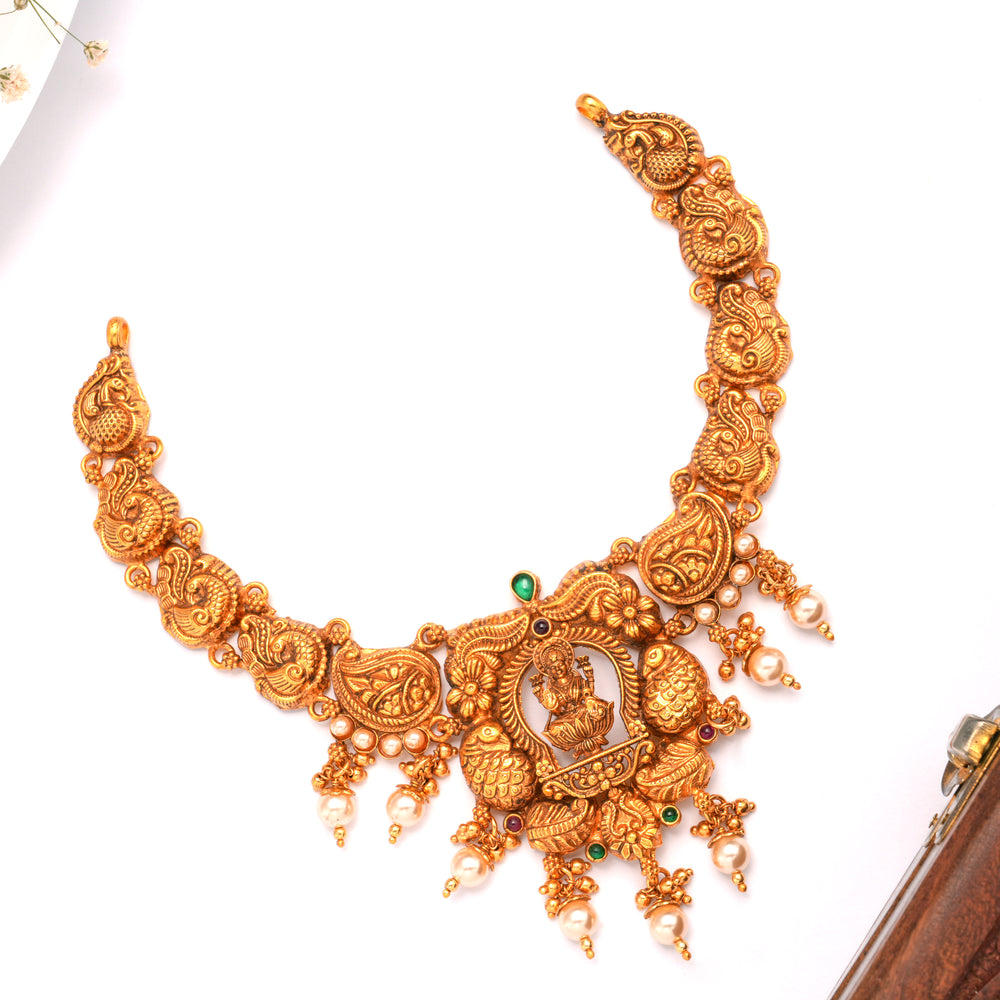 Temple Inspired Lakshmi with Pearl Drops Golden Necklace