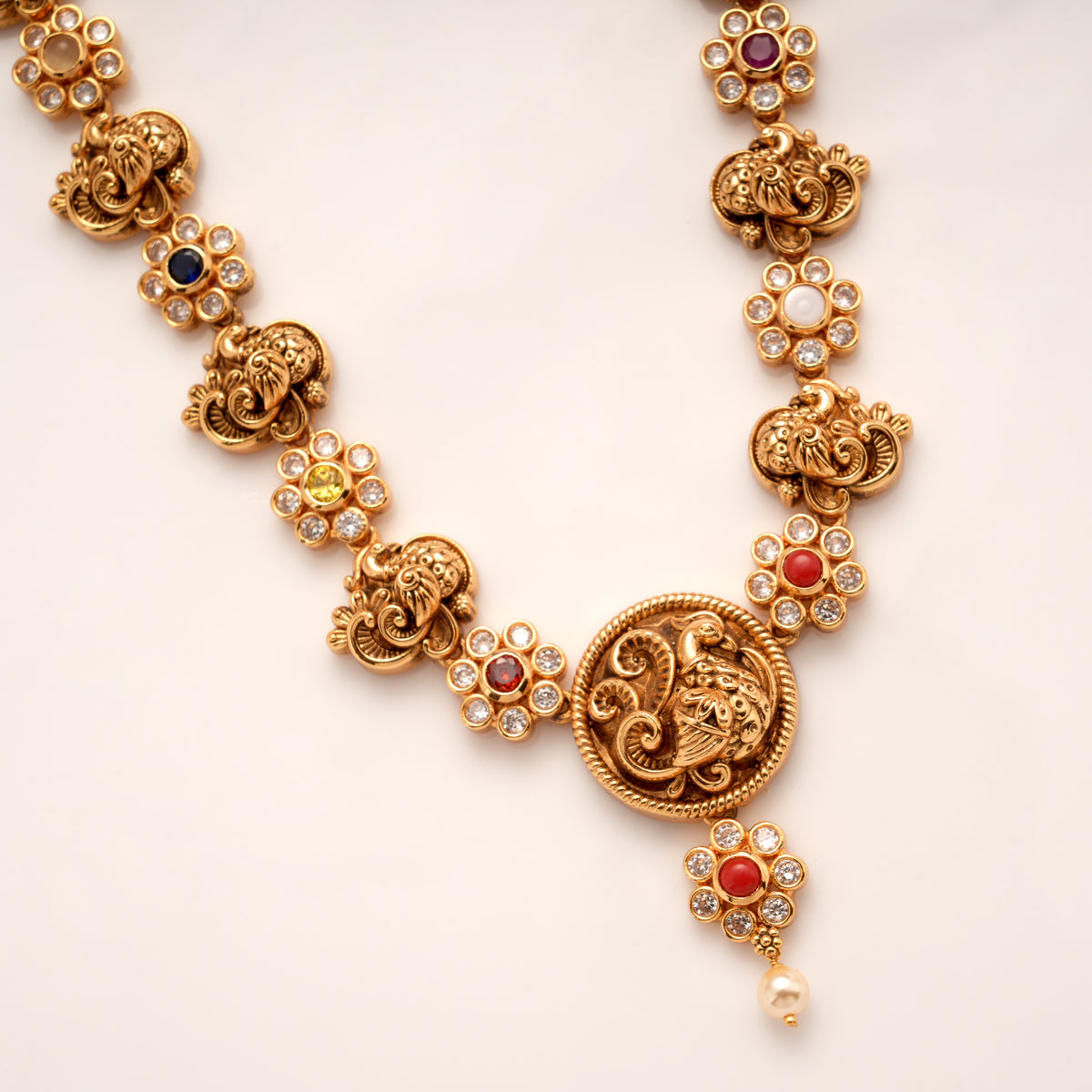 Antique Navarathana Stone with Peacock Pendant Golden Necklace