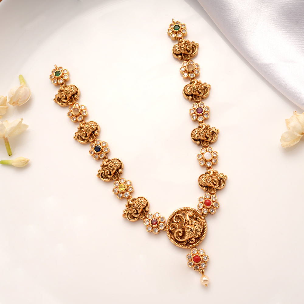 Antique Navarathana Stone with Peacock Pendant Golden Necklace