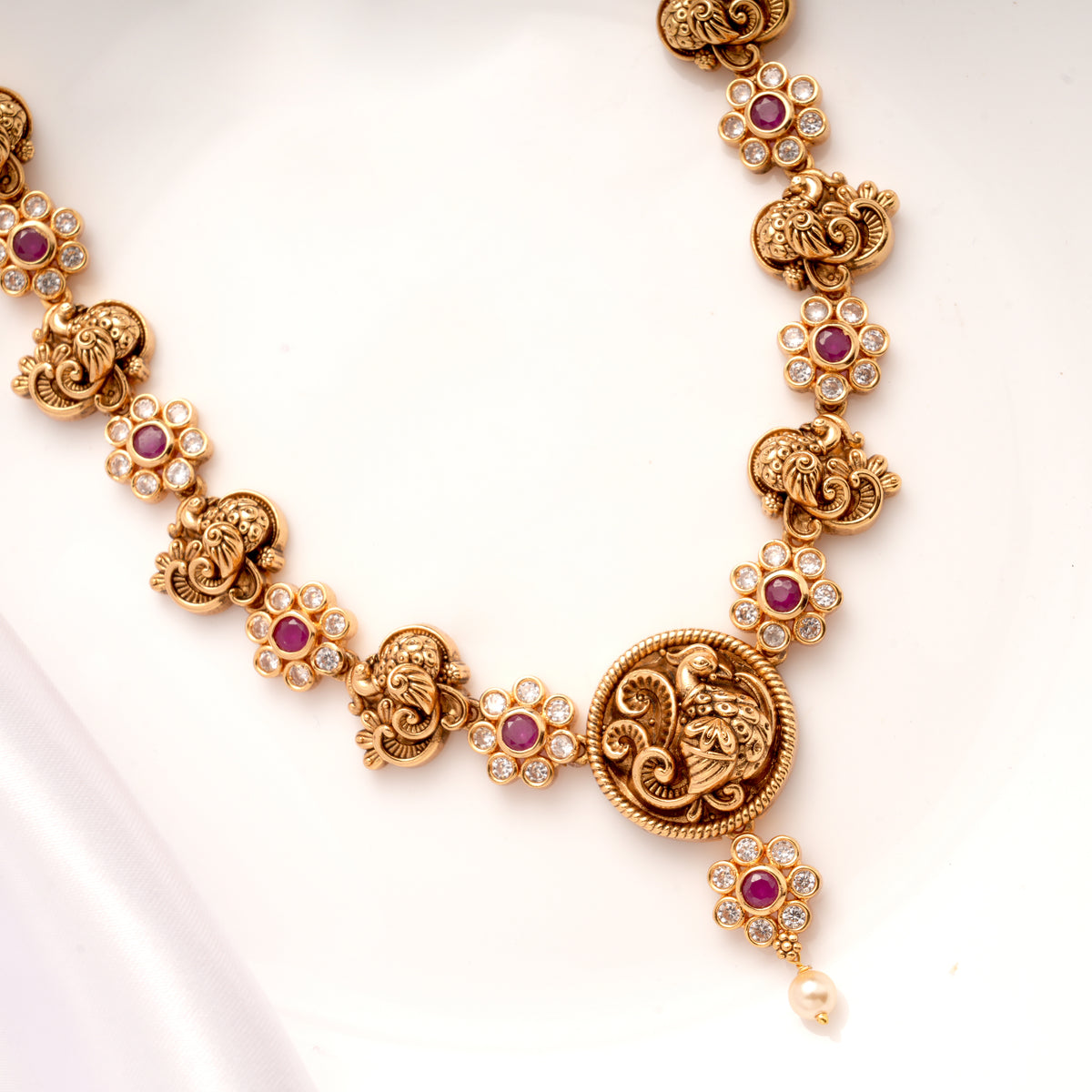 Antique Ruby Stone Floral Peacock Pendant Golden Necklace