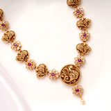 Antique Ruby Stone Floral Peacock Pendant Golden Necklace