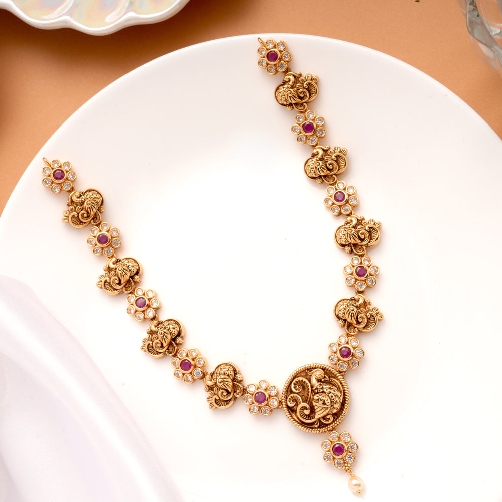 Antique Ruby Stone Floral Peacock Pendant Golden Necklace
