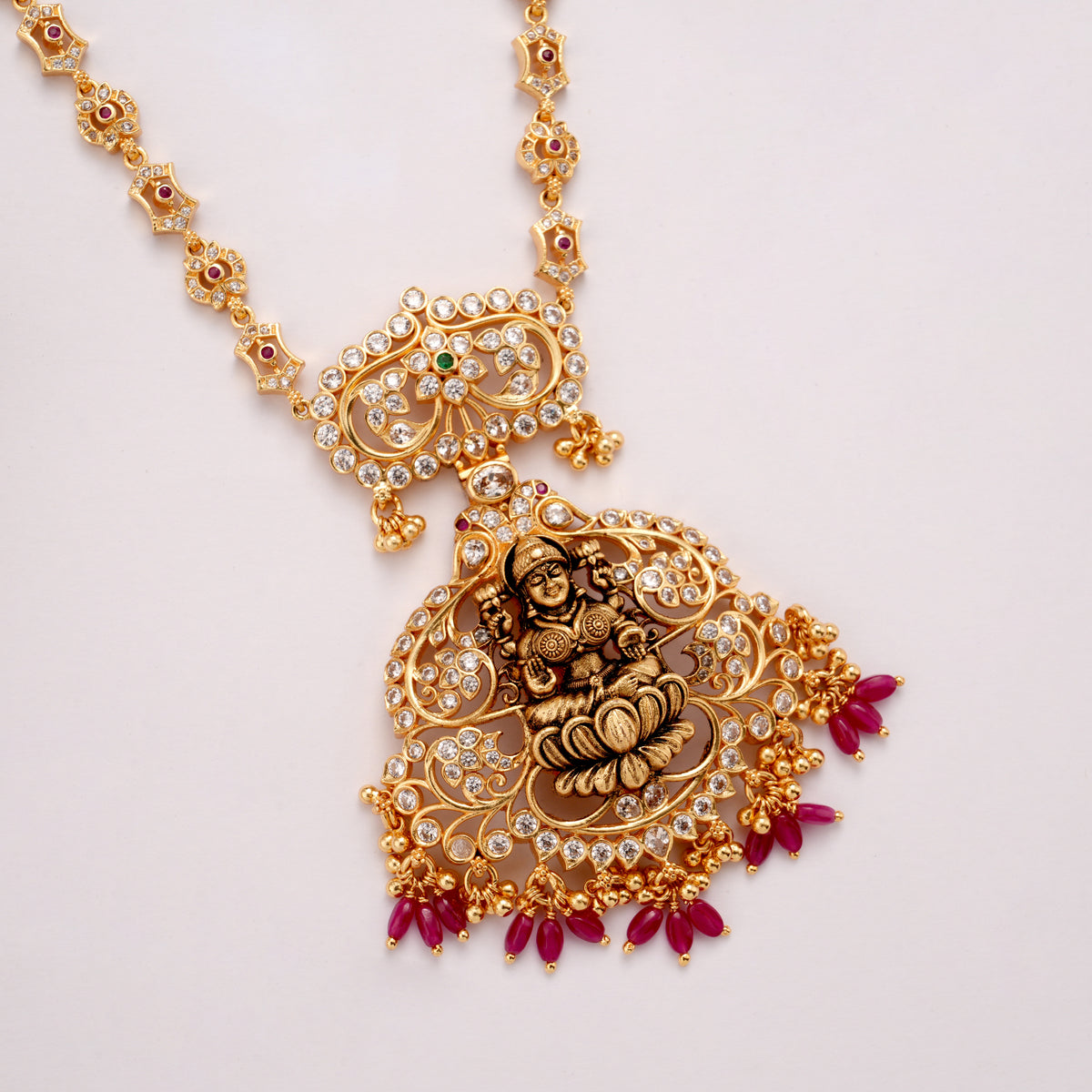 Grand Floral Lakshmi with Stone Pearls Golden Necklace