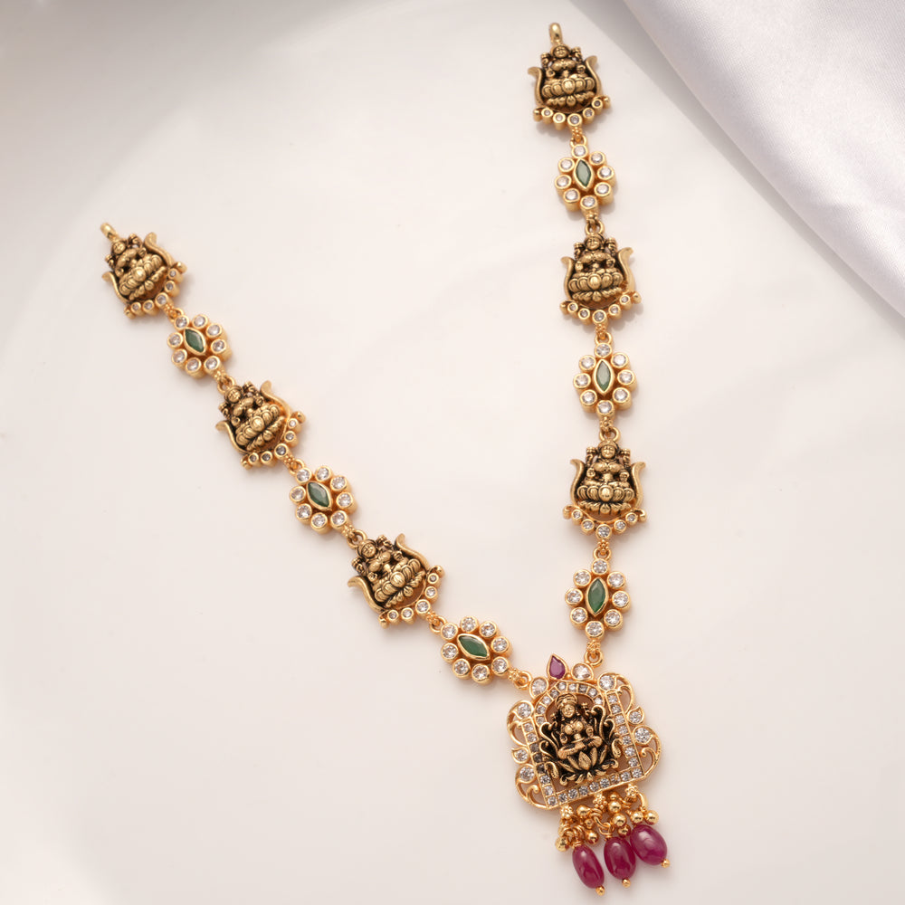 Temple Design Lakshmi with Ruby Drops Golden Necklace