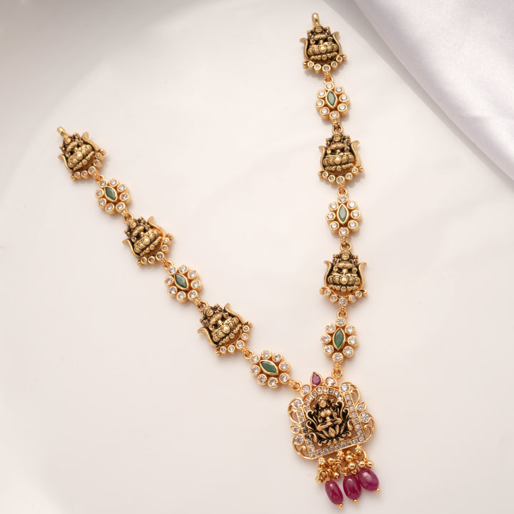 Temple Design Lakshmi with Ruby Drops Golden Necklace
