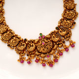 Antique Peacock with Ruby Beads Drops Golden Necklace