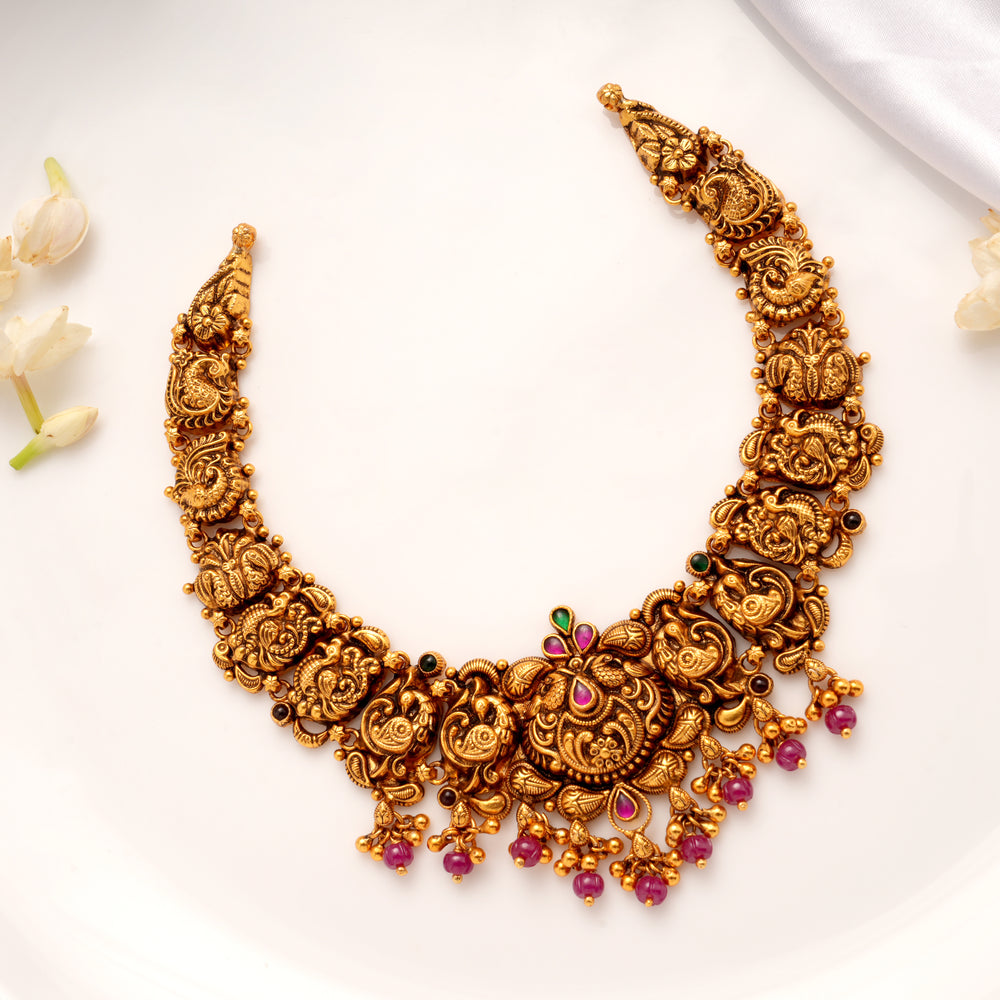 Antique Peacock with Ruby Beads Drops Golden Necklace