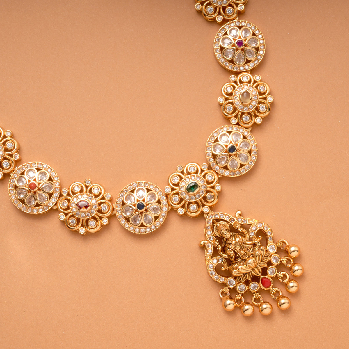 Vintage Navarathana Stone Lakshmi Drops Golden Necklace