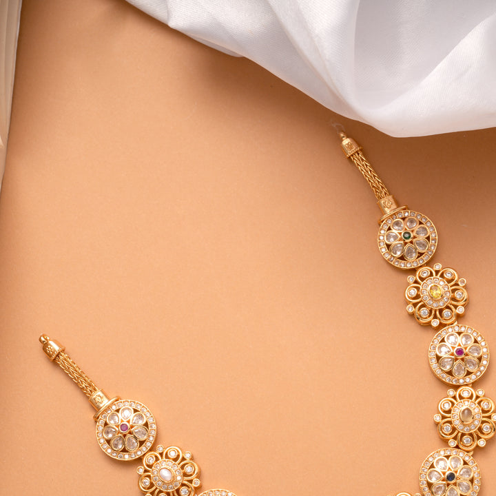 Vintage Navarathana Stone Lakshmi Drops Golden Necklace