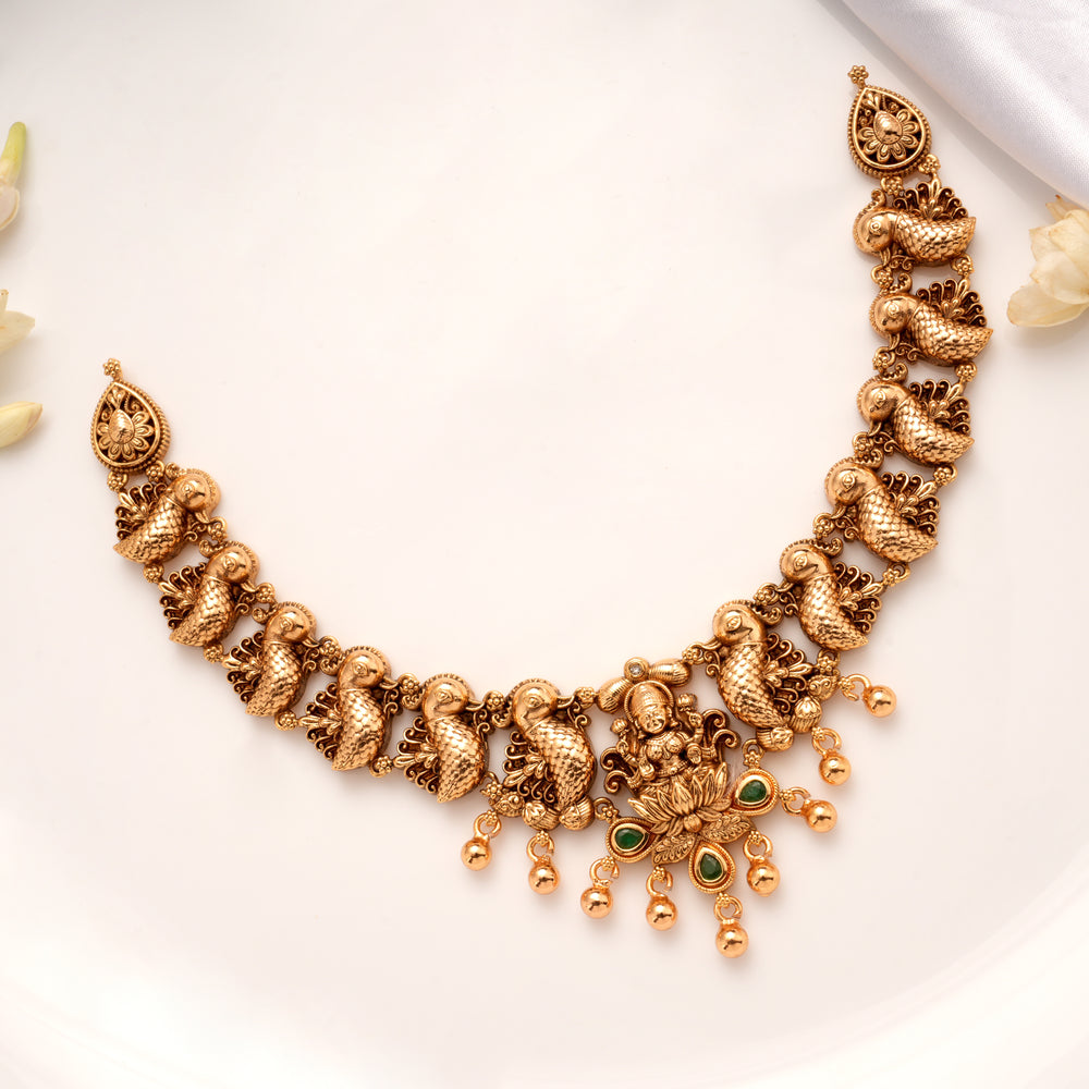 Antique Peacock with Lakshmi Pendant Golden Necklace