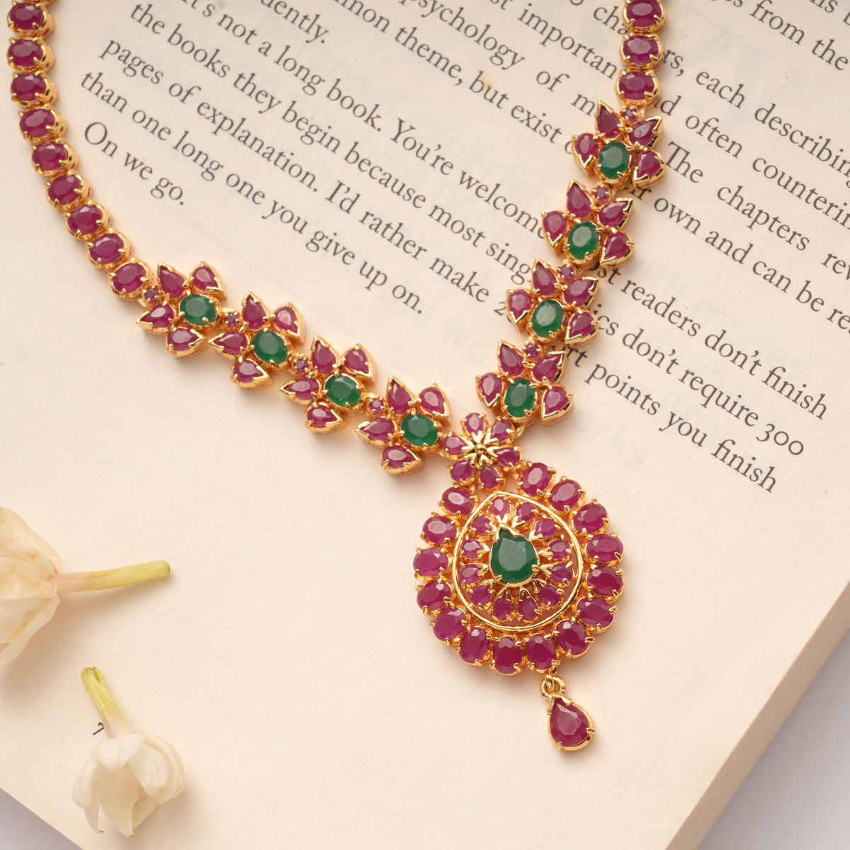Fancy Ruby with Emerald Tear Drops Pendant Golden Necklace