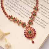 Fancy Ruby with Emerald Tear Drops Pendant Golden Necklace