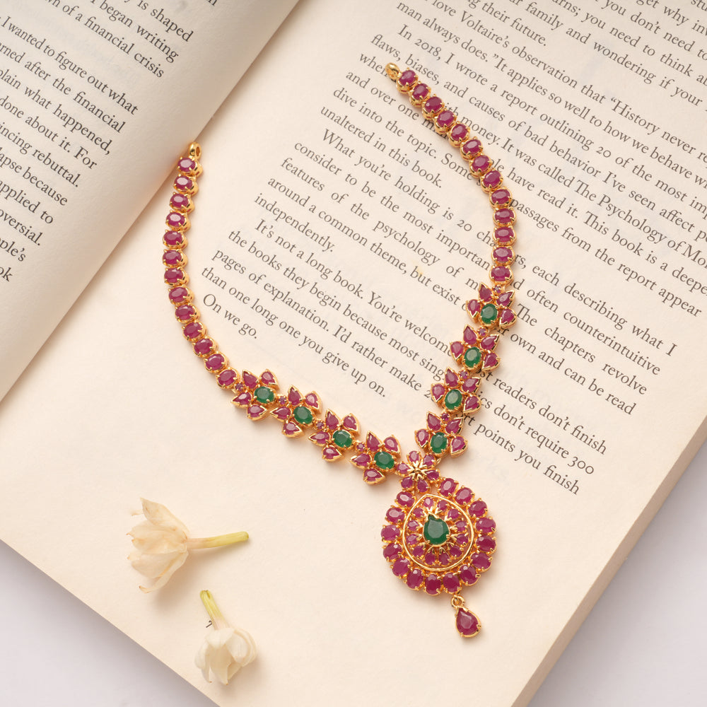 Fancy Ruby with Emerald Tear Drops Pendant Golden Necklace