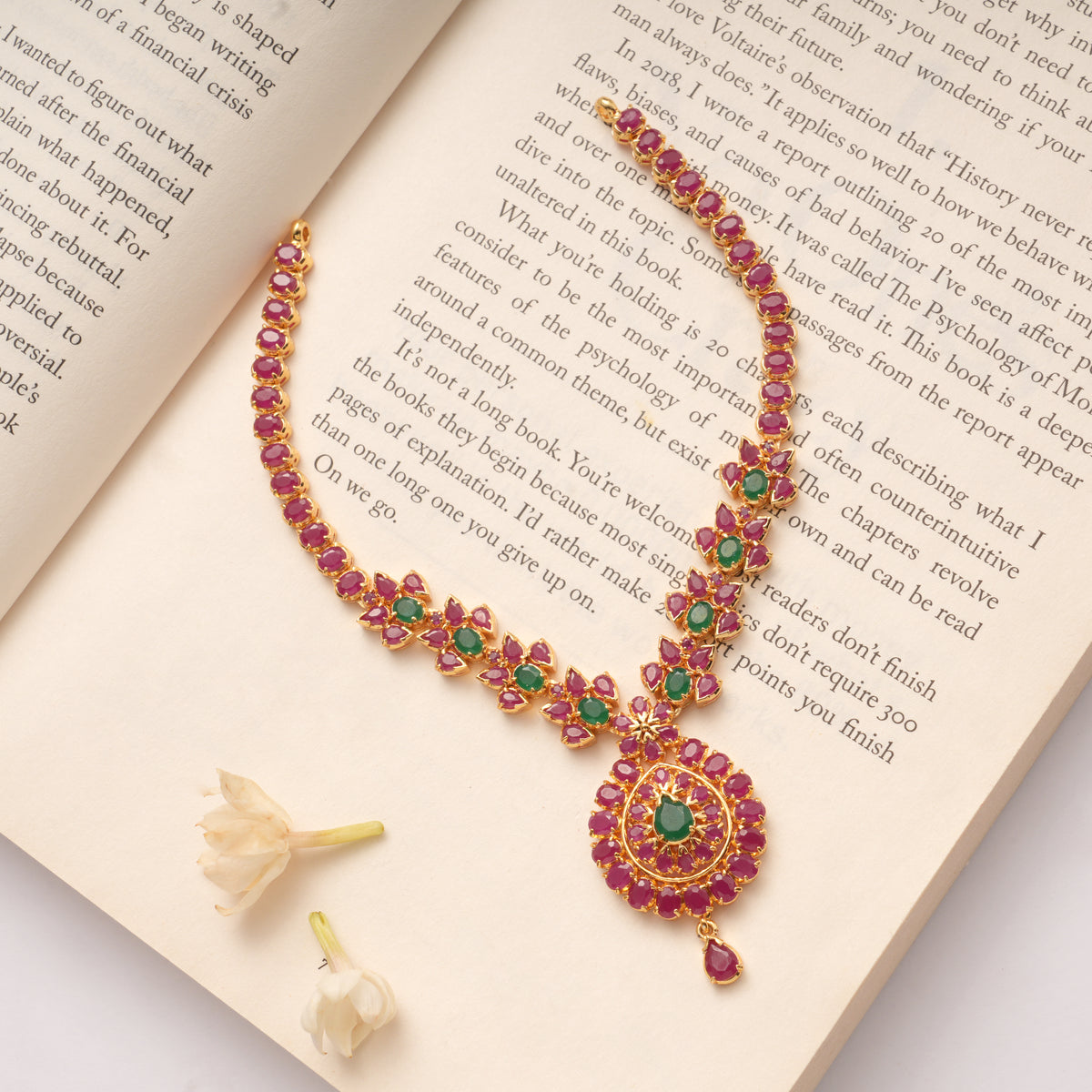 Fancy Ruby with Emerald Tear Drops Pendant Golden Necklace
