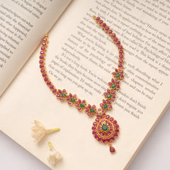 Fancy Ruby with Emerald Tear Drops Pendant Golden Necklace