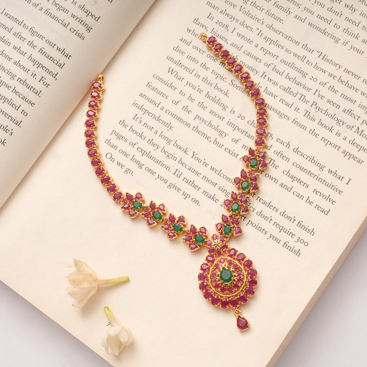 Fancy Ruby with Emerald Tear Drops Pendant Golden Necklace