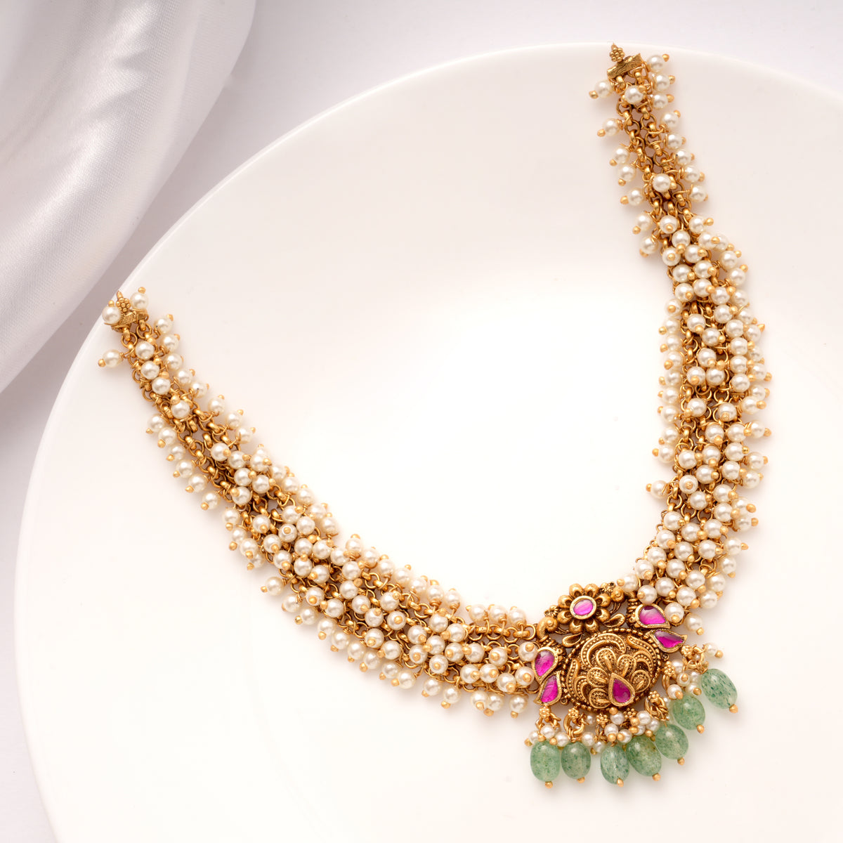 Ethnic Multi Strand Pearl Golden Necklace Set