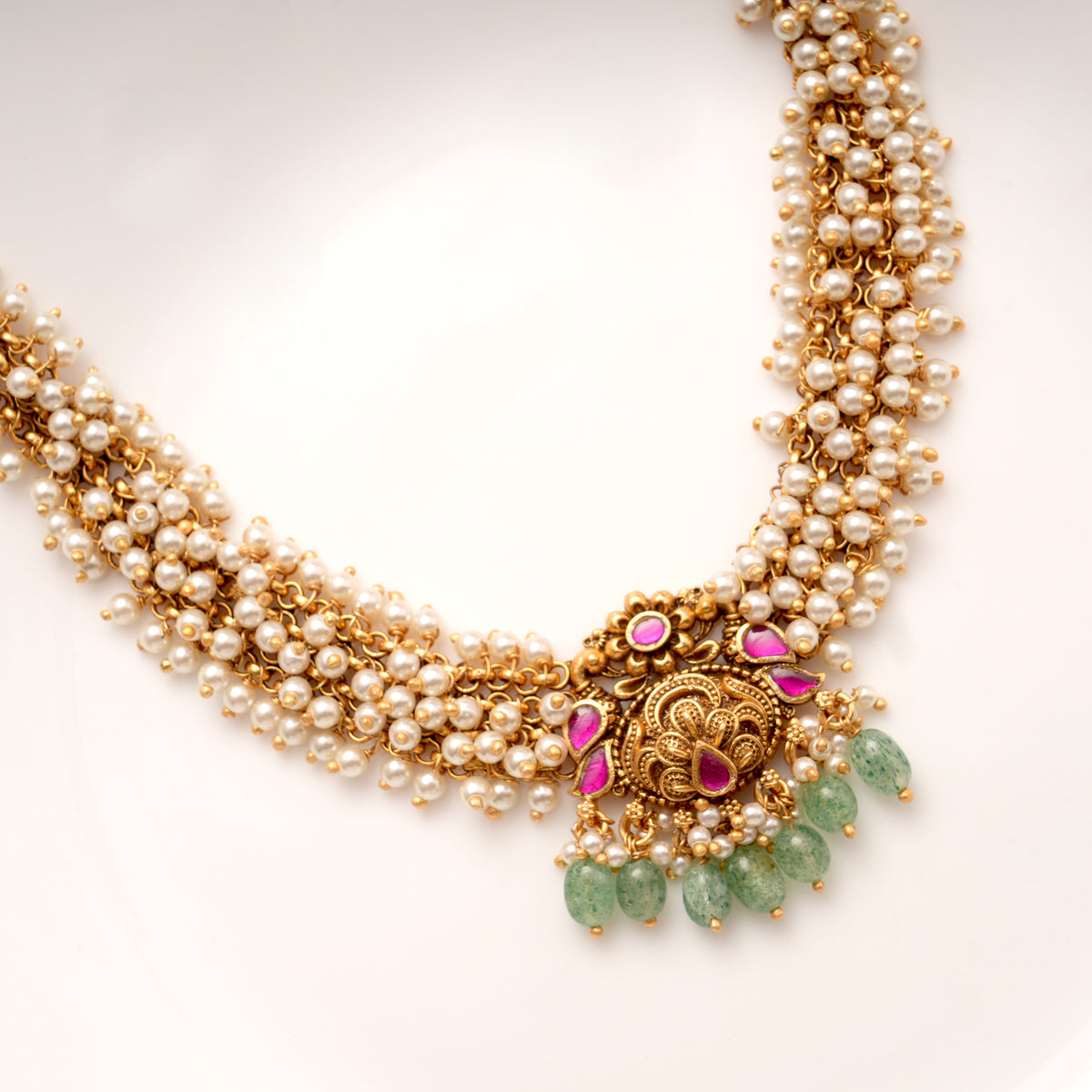 Ethnic Multi Strand Pearl Golden Necklace Set