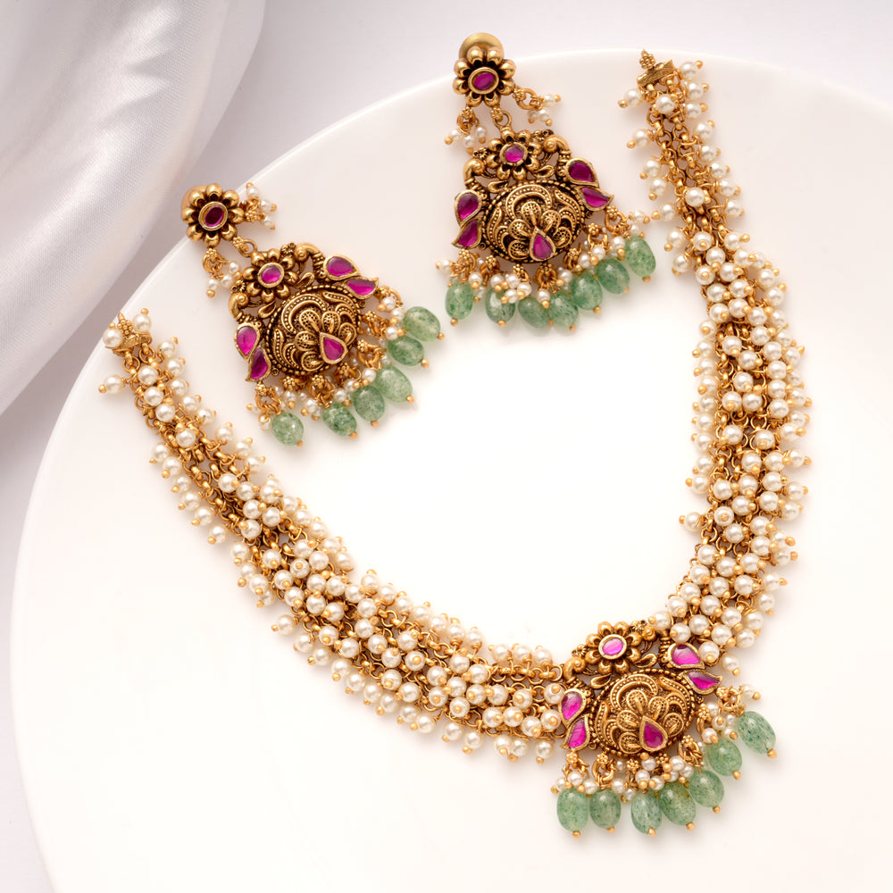 Ethnic Multi Strand Pearl Golden Necklace Set