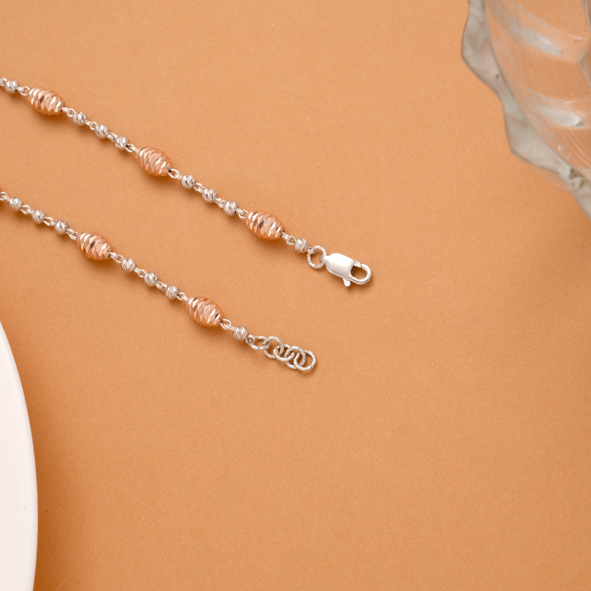Fancy Beaded Silver Rose Gold Anklet