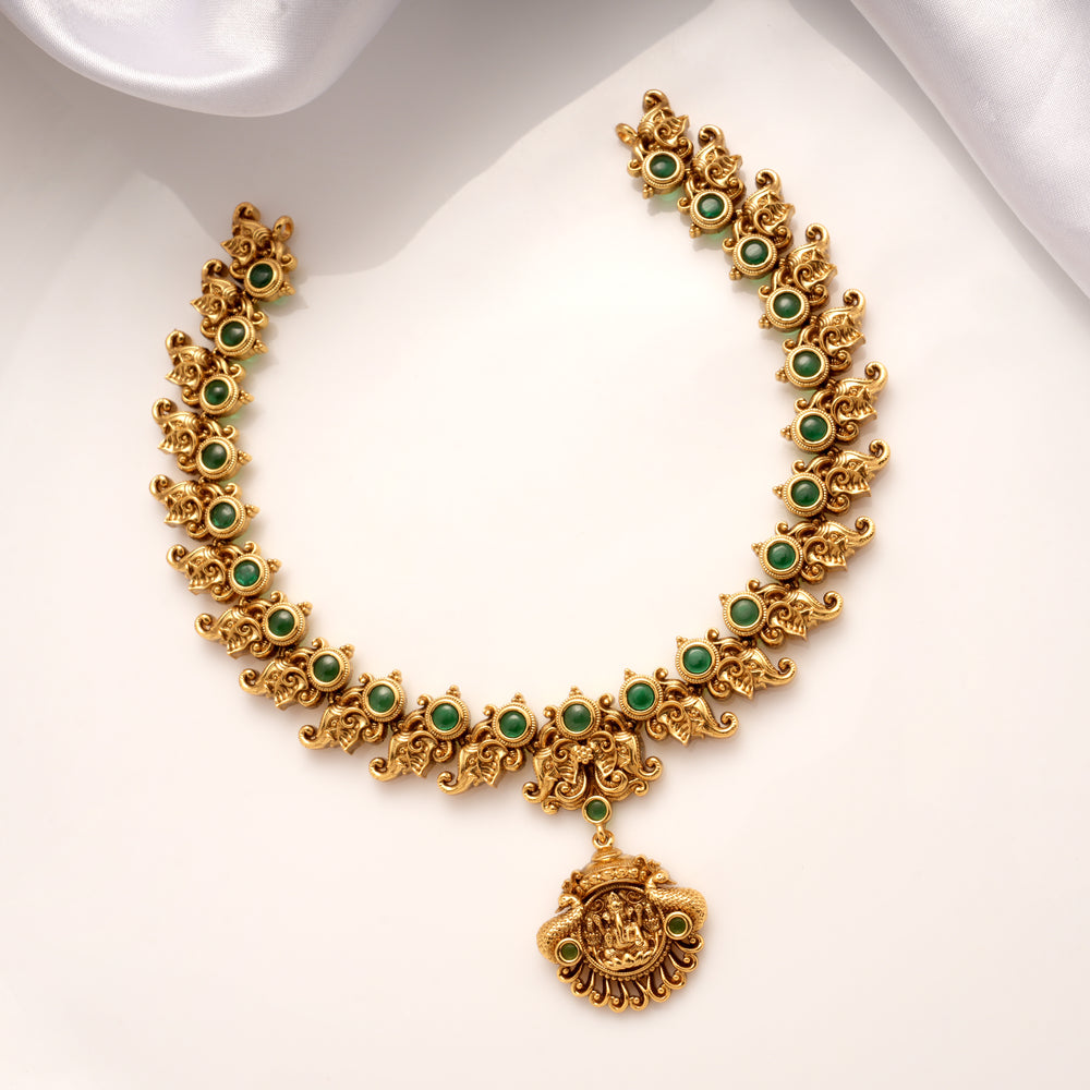 Traditional Mango Design Emerald Stone Golden Necklace