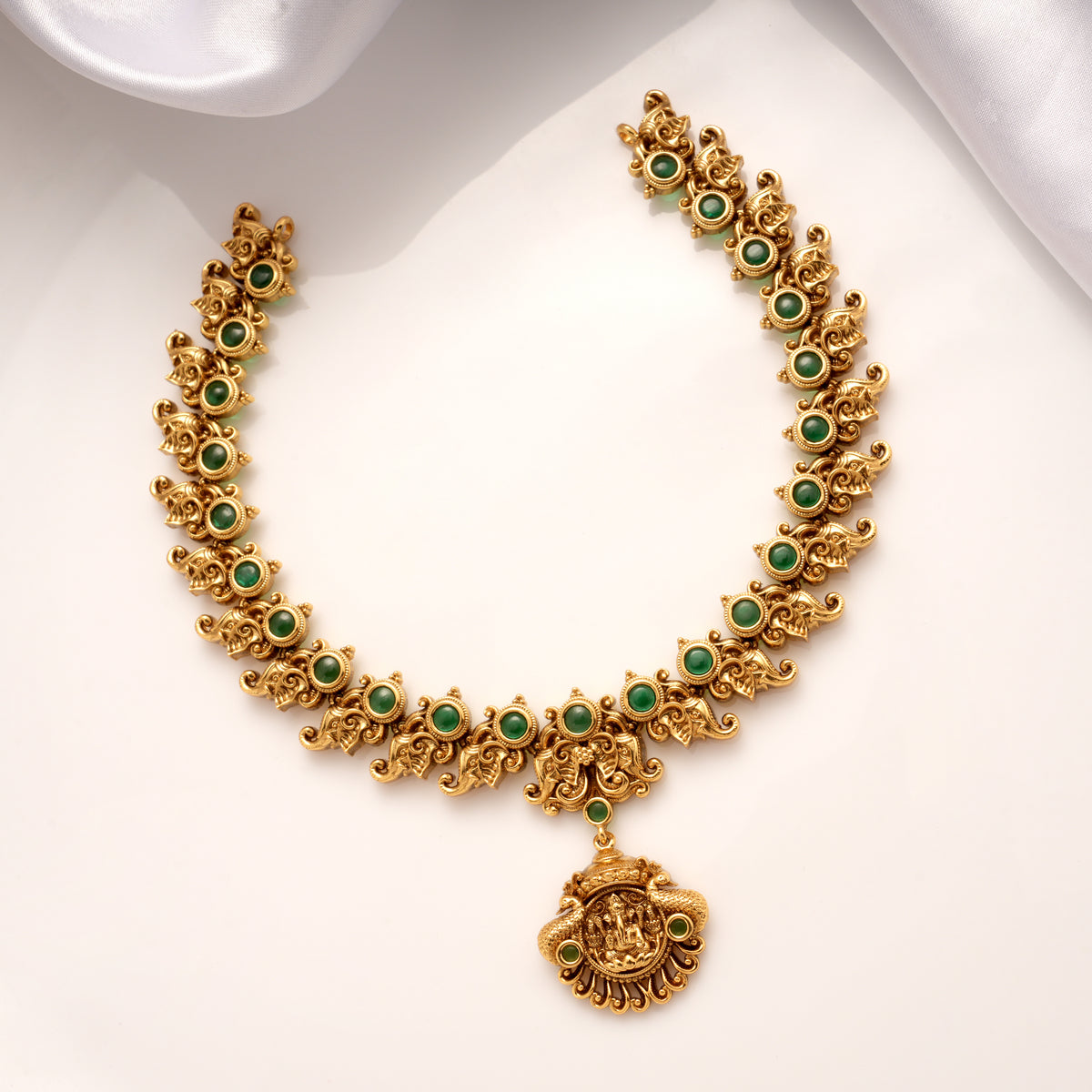 Traditional Mango Design Emerald Stone Golden Necklace