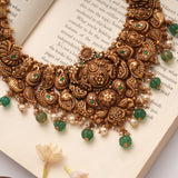 Antique Design Green Beads Drops Golden Necklace