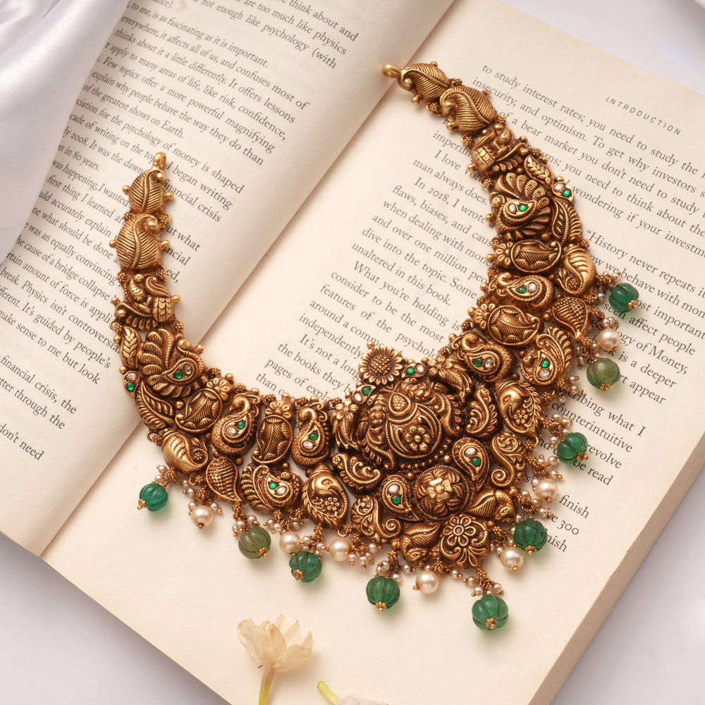 Antique Design Green Beads Drops Golden Necklace