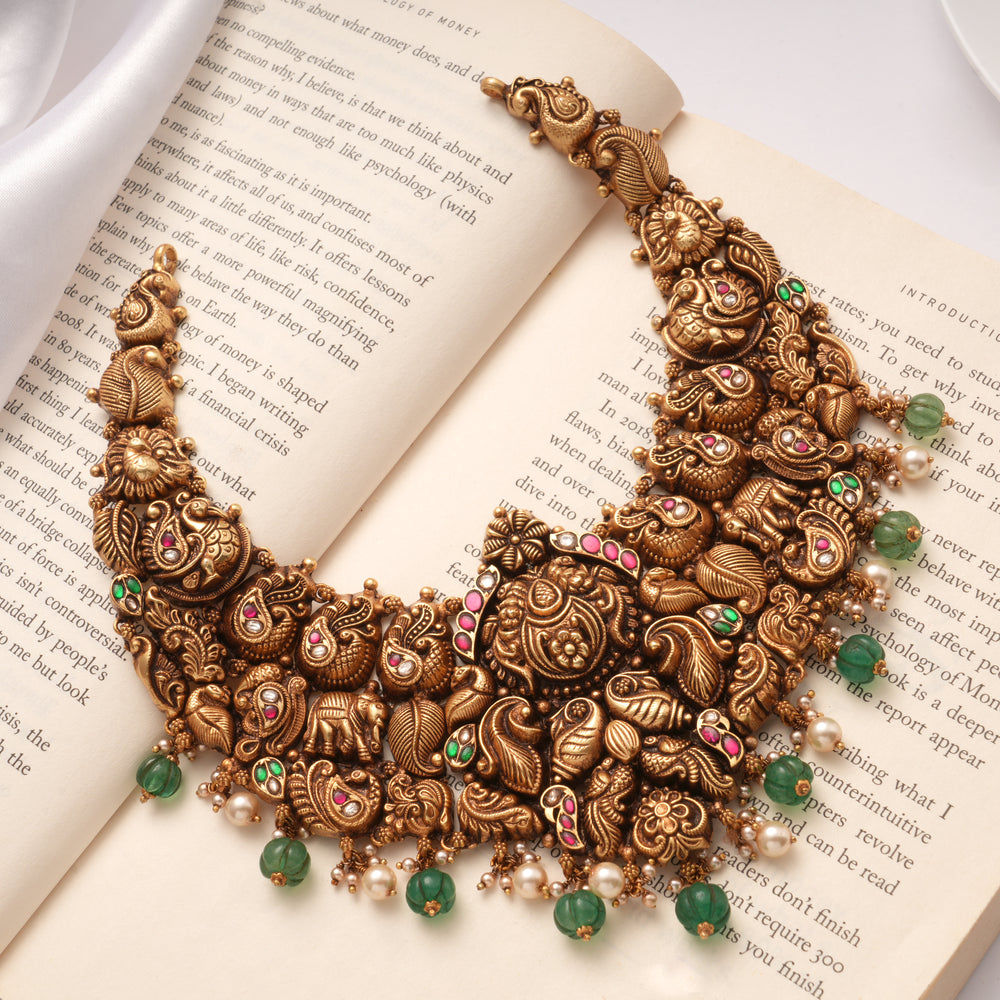 Antique Grand Lakshmi with Beads Drops Golden Necklace