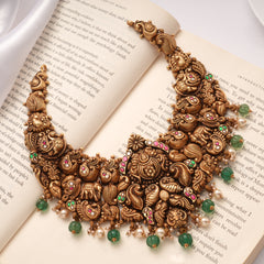 Antique Grand Lakshmi with Beads Drops Golden Necklace