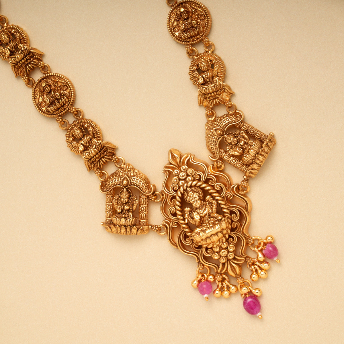 Traditional Lakshmi Nagas Pink Beads Golden Necklace