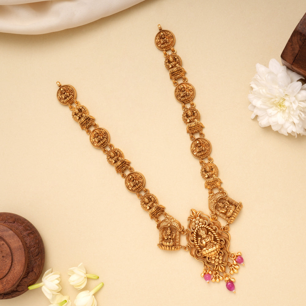 Traditional Lakshmi Nagas Pink Beads Golden Necklace