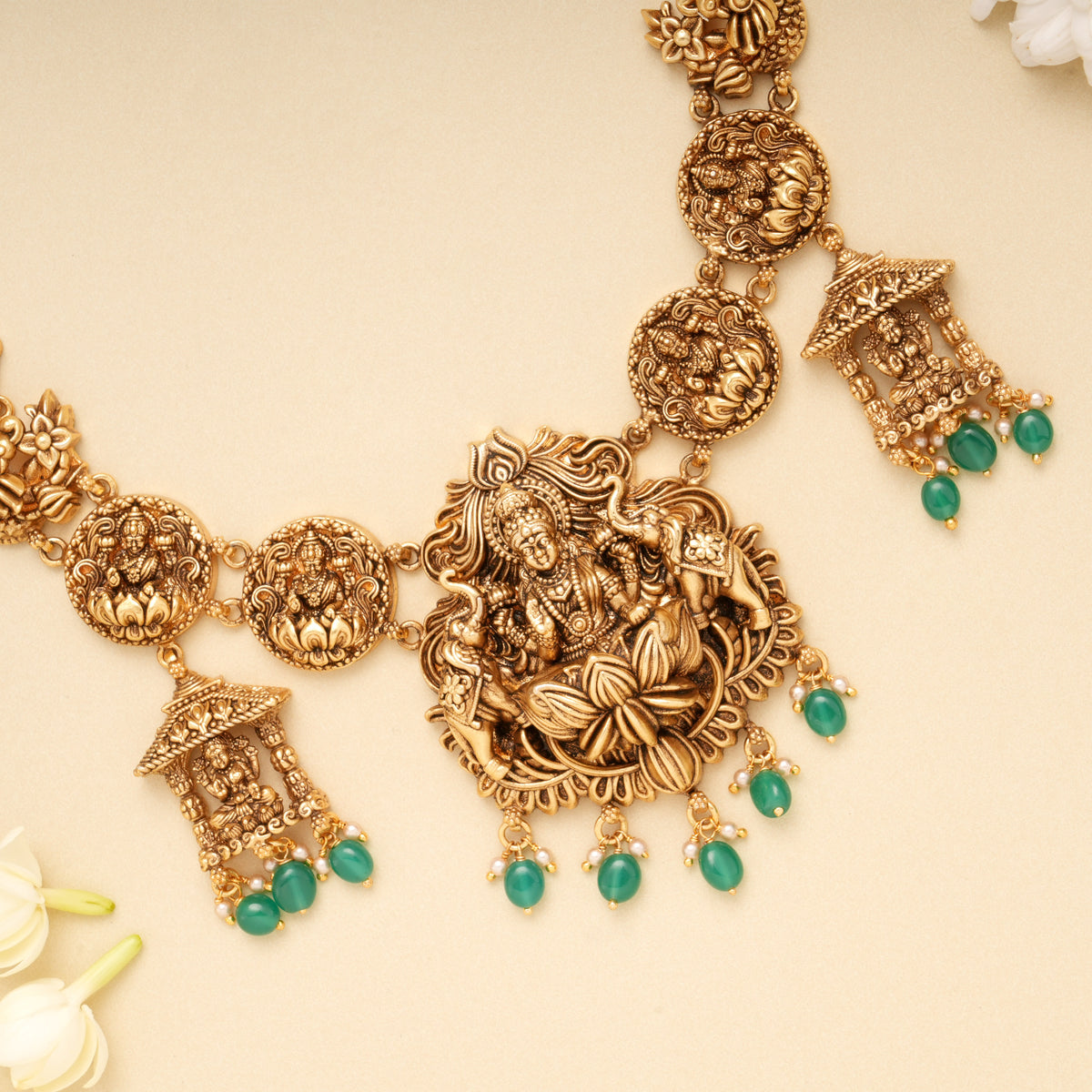 Antique Gaja Lakshmi Emerald Beads Golden Necklace