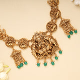 Antique Gaja Lakshmi Emerald Beads Golden Necklace